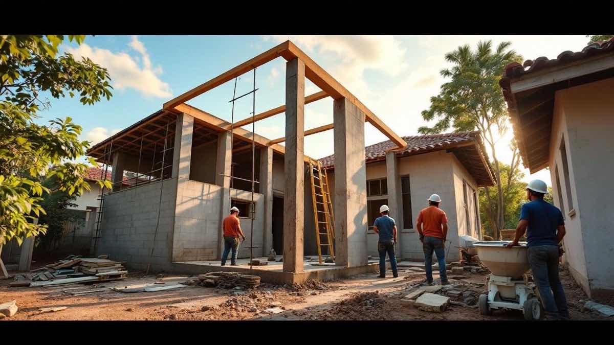 Casa residencial em Belo Horizonte com ampliação em construção, paredes de bloco de concreto sendo erguidas ao lado da estrutura existente, pilares com vergalhões conectando a construção nova à antiga, trabalhadores brasileiros com capacete instalando vigas do telhado, betoneira e materiais de obra no quintal sob luz natural da tarde
