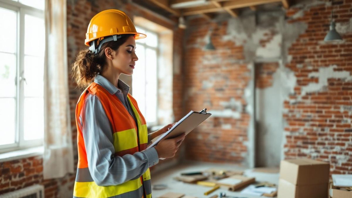 Engenheira civil brasileira com capacete e colete de segurança inspecionando reforma residencial em apartamento de São Paulo, prancheta na mão