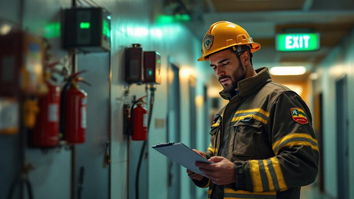 Bombeiro brasileiro inspecionando equipamentos de segurança contra incêndio em corredor de edifício comercial em São Paulo, extintores e sinalização de emergência