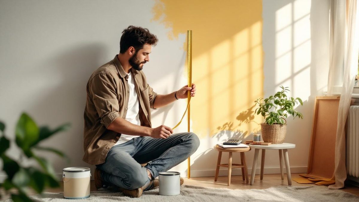 Pessoa brasileira medindo parede com trena em quarto de apartamento em São Paulo, latas de tinta e rolo de pintura no chão sobre lona plástica