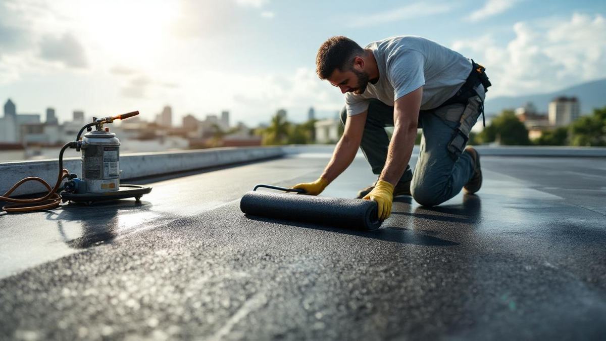 Impermeabilizador brasileiro aplicando manta líquida com rolo em laje descoberta de casa em São Paulo, baldes de impermeabilizante e rolo de bidim ao lado