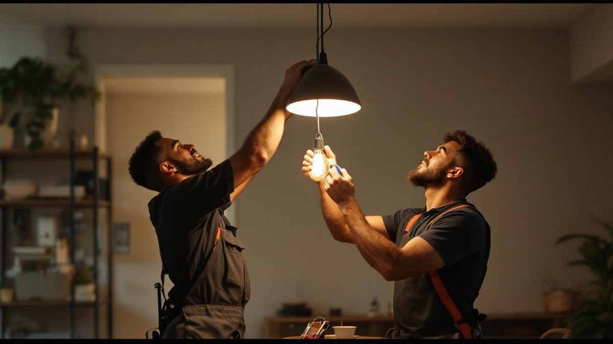 Eletricista brasileiro em escada conectando fios de luminária plafon LED no teto de sala de apartamento em São Paulo, chave teste e fita isolante na bancada