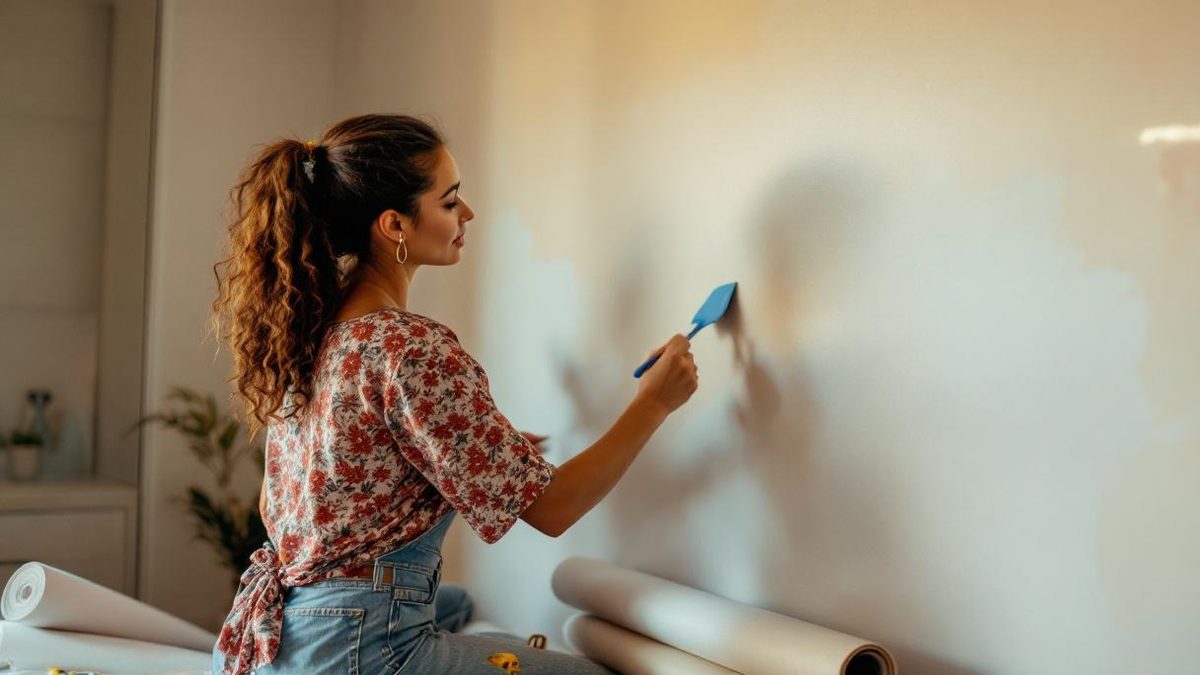 Mulher brasileira aplicando papel de parede floral em sala de apartamento em São Paulo, espátula e balde de cola no chão, luz natural da tarde