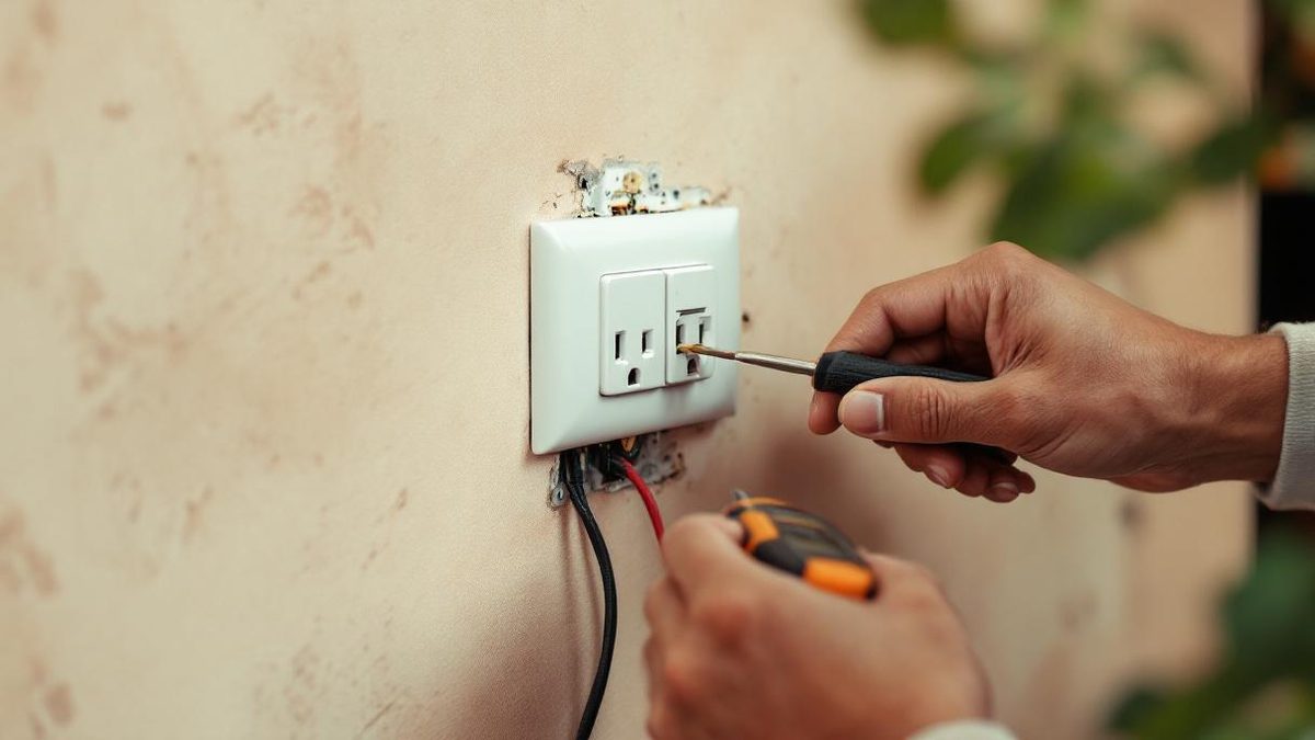 Eletricista brasileiro instalando tomada 2P+T em caixa 4x2 embutida na parede de apartamento em São Paulo, fios coloridos visíveis e chave teste ao lado