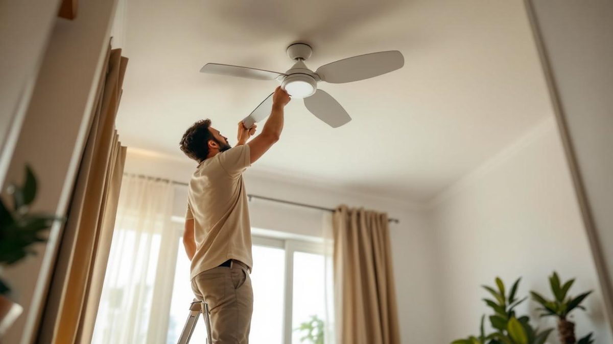 Eletricista brasileiro em escada instalando ventilador de teto com pás de madeira em sala de apartamento em São Paulo, conectando fiação na caixa de passagem do teto