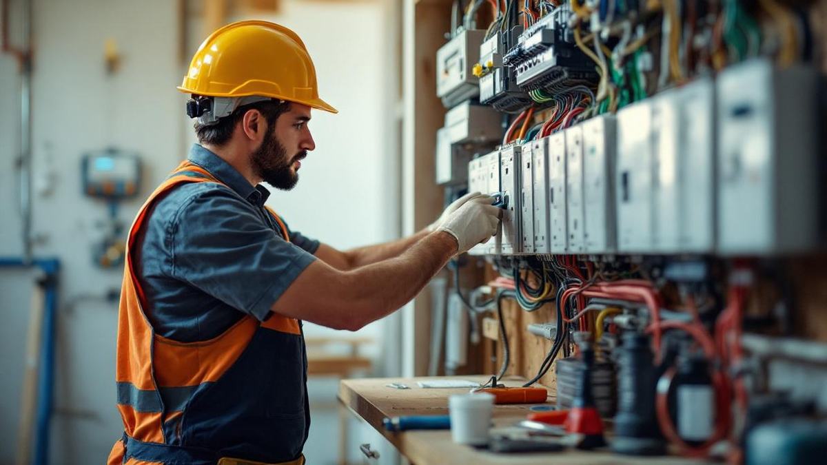 Técnico eletricista brasileiro com equipamentos de segurança instalando fiação em quadro de distribuição em obra residencial de São Paulo