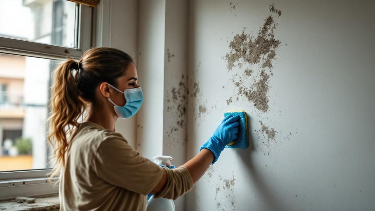 Mulher brasileira com máscara N95 e luvas de nitrilo limpando mofo escuro de parede de banheiro em apartamento de São Paulo, borrifador e esponja ao lado