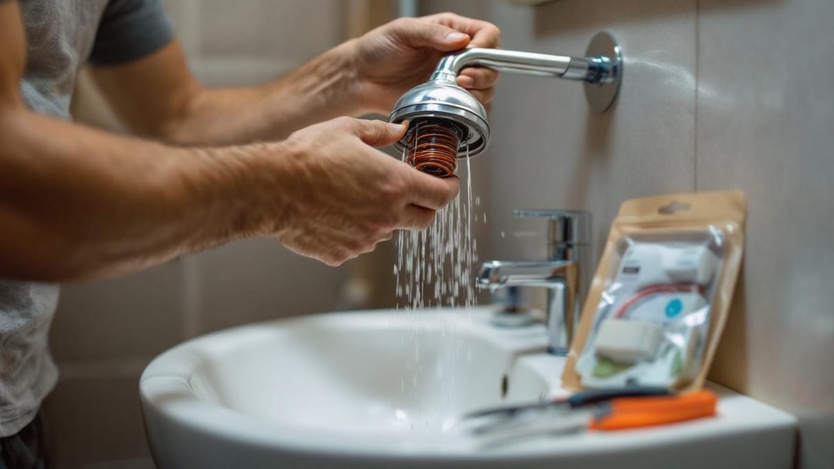 Mãos com luvas de borracha abrindo chuveiro elétrico branco para acessar a resistência em banheiro de apartamento em São Paulo