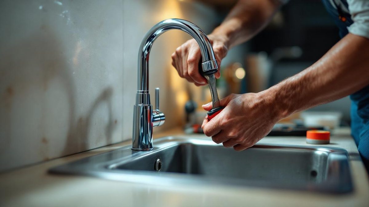 Encanador brasileiro substituindo torneira cromada em bancada de cozinha moderna em apartamento de São Paulo, chave inglesa e fita veda-rosca visíveis no balcão