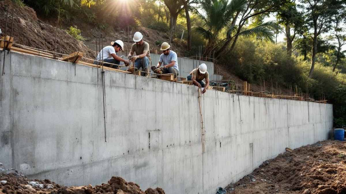 Muro de arrimo de concreto armado em construção em terreno residencial no Rio de Janeiro, trabalhadores com capacete amarrando armadura de aço, fôrmas de madeira visíveis e tubos de drenagem barbacã instalados na face do muro, vegetação tropical na encosta acima