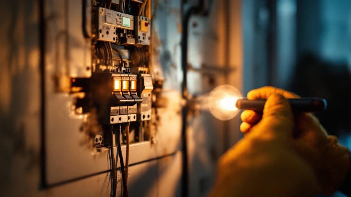 Eletricista brasileiro com luvas isolantes inspecionando quadro de distribuição com disjuntores desarmados em apartamento no Rio de Janeiro, multímetro na mão e marcas de fumaça ao redor de um disjuntor, atmosfera tensa com iluminação de lanterna