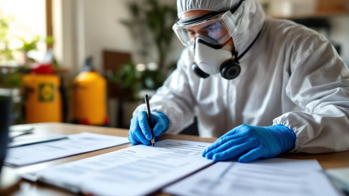 Profissional brasileiro de controle de pragas com EPI completo conferindo documentos de licença em escritório de São Paulo