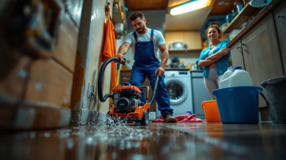 Profissional de desentupimento brasileiro operando máquina rotativa em ralo de área de serviço residencial em Salvador, com água retornando pelo ralo e morador observando de braços cruzados