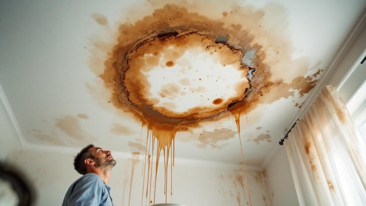 Mancha circular marrom de infiltração em teto branco de apartamento em São Paulo, com tinta descascando e bolhas, balde sobre a cama coletando gotas, moradora brasileira olhando para cima com expressão preocupada