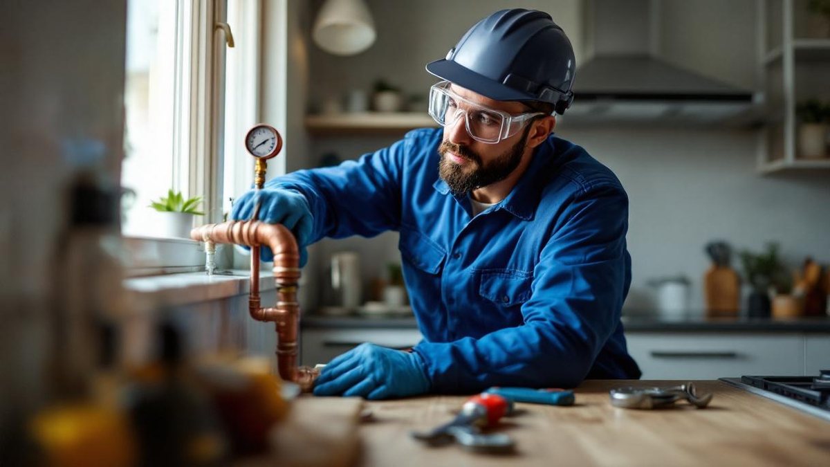 Técnico de gás brasileiro com óculos de proteção inspecionando tubulação de cobre em cozinha de apartamento em São Paulo, manômetro e ferramentas visíveis