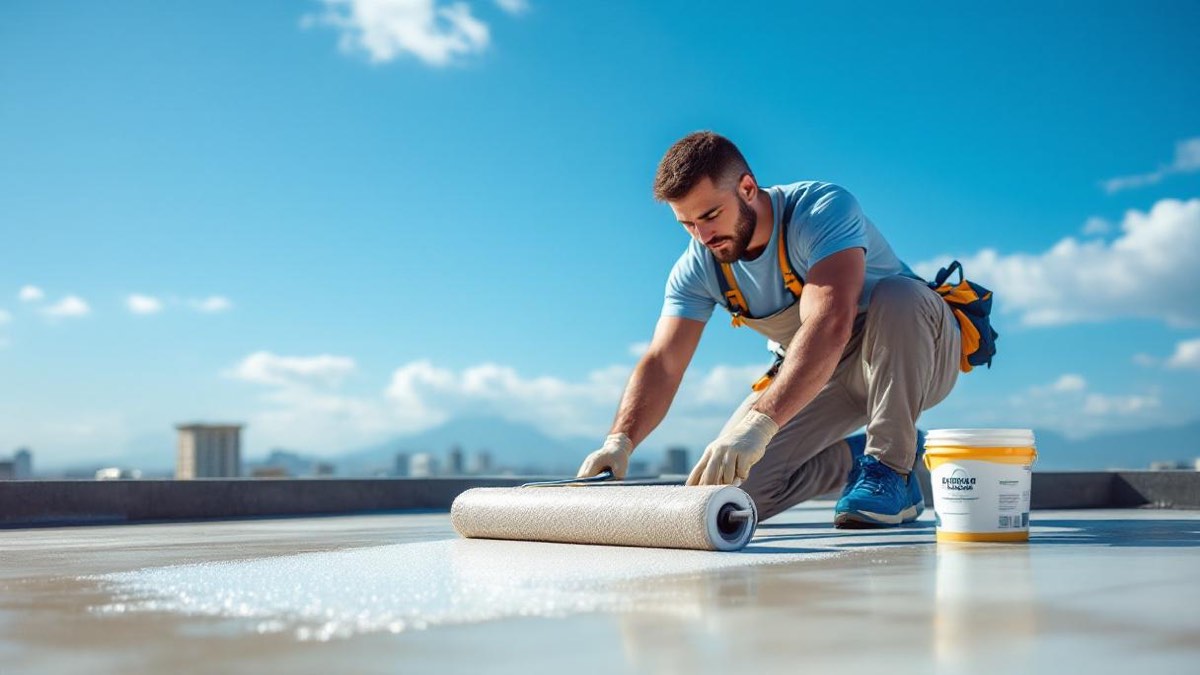 Impermeabilizador brasileiro aplicando membrana líquida com rolo em laje de concreto em dia seco e ensolarado no Rio de Janeiro, balde de impermeabilizante ao lado e paisagem urbana ao fundo