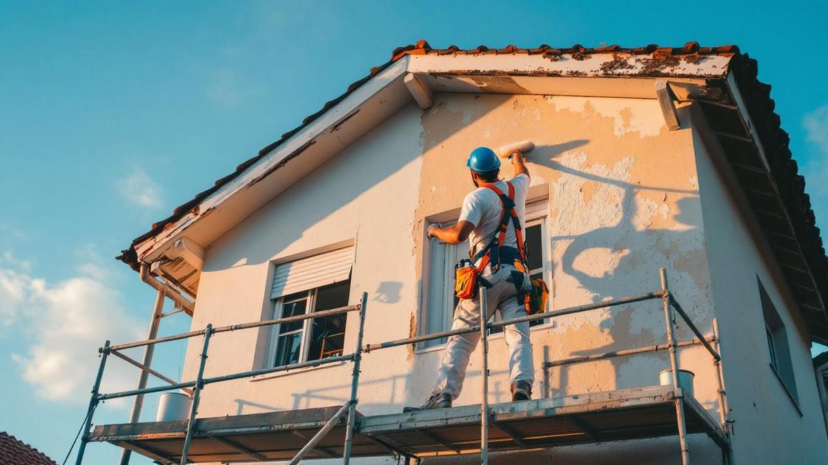 Pintor brasileiro com equipamento de segurança em andaime aplicando tinta acrílica na fachada de casa residencial de dois andares em Porto Alegre, céu azul de outono, lado esquerdo da fachada já pintado de branco e lado direito com tinta antiga descascando