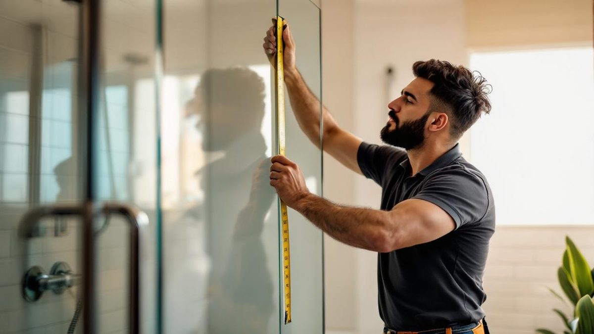 Vidraceiro brasileiro instalando box de vidro temperado em banheiro moderno de apartamento em São Paulo, ferramentas e perfis de alumínio ao redor
