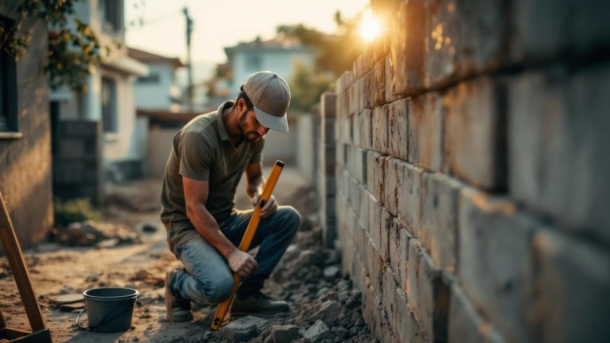 Pedreiro brasileiro assentando blocos de concreto para levantar muro residencial em bairro de São Paulo, carrinho de mão com argamassa ao lado