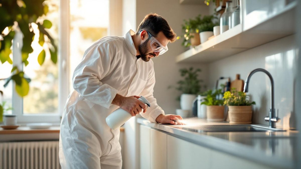 Profissional brasileiro de controle de pragas com equipamento de pulverização e EPI completo aplicando produto em rodapé de cozinha residencial em São Paulo
