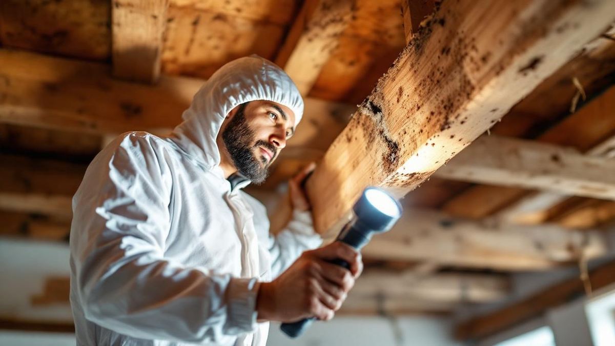 Profissional de controle de pragas brasileiro inspecionando batente de porta com lanterna em busca de sinais de cupim em apartamento de São Paulo
