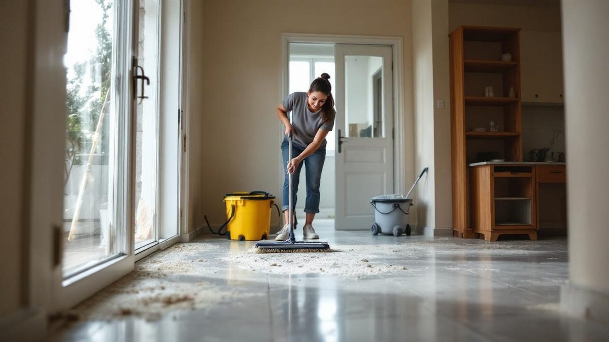 Equipe de limpeza brasileira com uniformes azuis e luvas amarelas limpando apartamento recém-reformado em São Paulo, poeira de obra visível nas superfícies