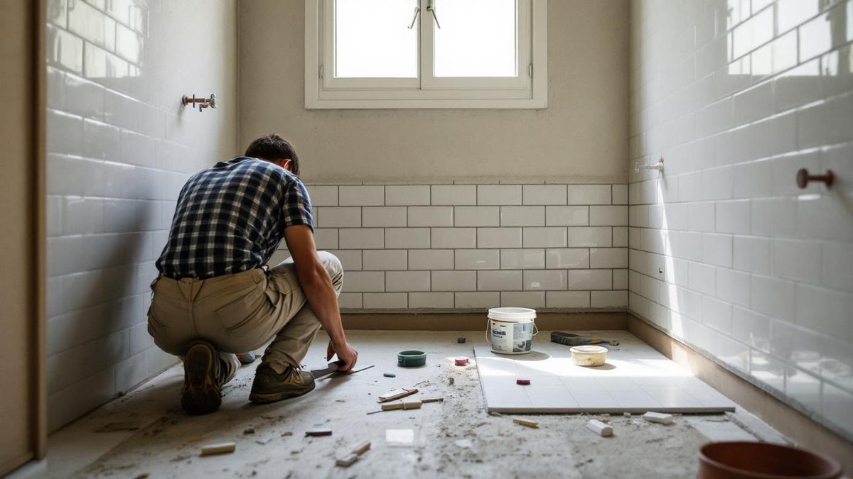 Azulejista brasileiro instalando porcelanato branco no piso de banheiro em reforma em São Paulo, ferramentas de obra espalhadas ao redor