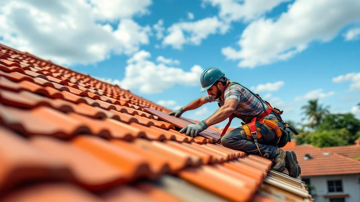 Trabalhador brasileiro com capacete de segurança instalando telhas cerâmicas coloniais em telhado de casa residencial em Belo Horizonte, estrutura de madeira visível e céu azul ao fundo