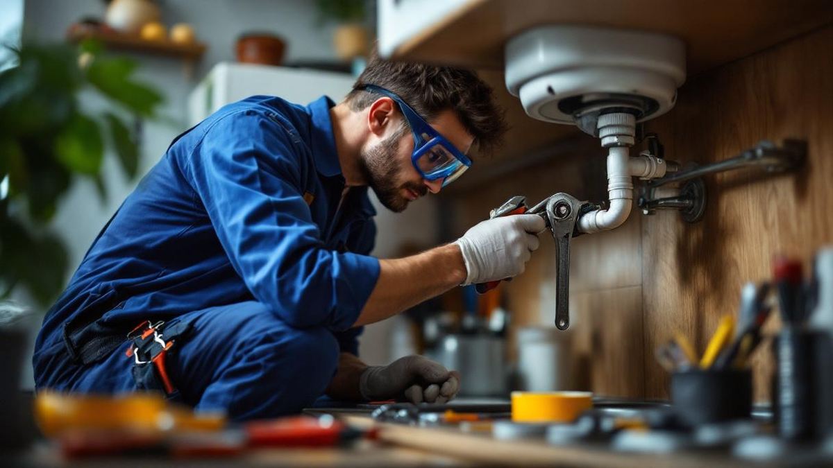 Encanador brasileiro com uniforme azul e óculos de proteção consertando tubulação sob pia de cozinha em apartamento de São Paulo, ferramentas ao redor