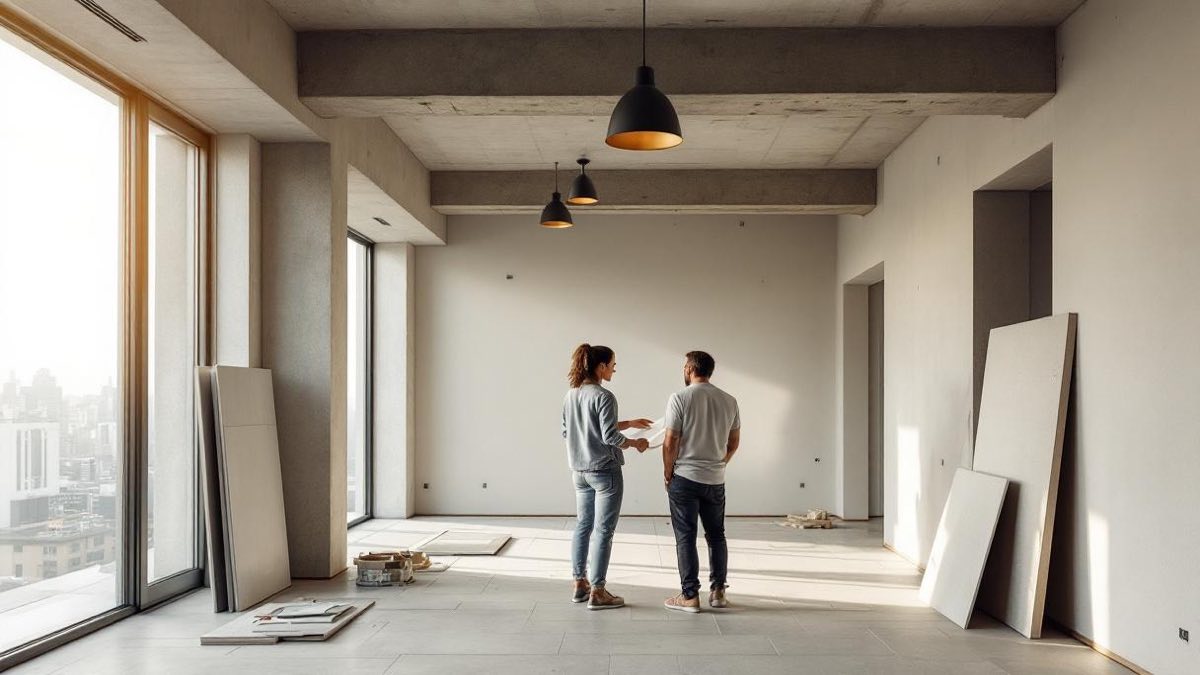 Casal brasileiro com arquiteta analisando planta de apartamento novo em São Paulo, teto de concreto aparente com pendentes modernos sendo instalados, porcelanato parcialmente assentado no piso e painéis de marcenaria planejada encostados na parede aguardando instalação, janelão com vista da cidade e luz natural abundante