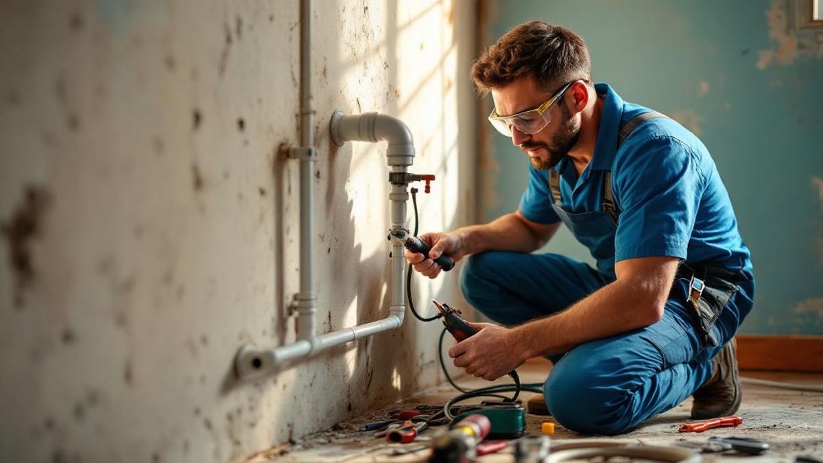 Encanador brasileiro com óculos de proteção e uniforme azul instalando tubulação PPR de água quente em banheiro em reforma em Salvador, parede aberta com traçado dos tubos visível