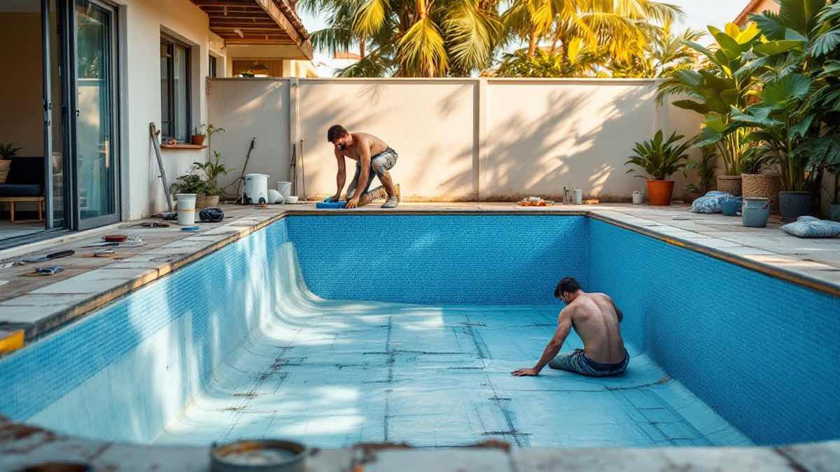 Piscina residencial em reforma em Porto Alegre, tanque esvaziado com trabalhadores aplicando pastilhas azuis nas paredes, membrana de impermeabilização visível no piso e equipamentos de obra ao redor, dia ensolarado com jardim tropical ao fundo