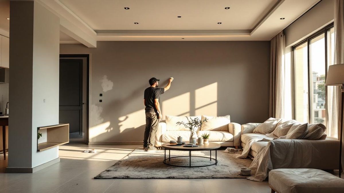 Sala de estar de apartamento brasileiro em Porto Alegre em reforma, piso de porcelanato sendo instalado, pintor finalizando parede de destaque em cinza quente, iluminação LED embutida no forro de gesso novo, móveis cobertos com lona plástica