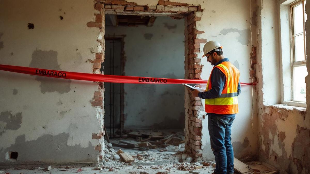 Fiscal municipal com colete de segurança e prancheta inspecionando parede demolida em apartamento de São Paulo, fita de embargo visível na porta