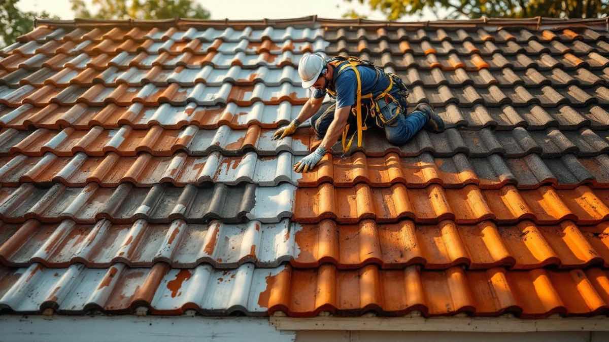 Trabalhador brasileiro com cinto de segurança substituindo telhas cerâmicas em telhado residencial em São Paulo, estrutura de madeira exposta com telhas novas e antigas lado a lado, manta impermeabilizante visível, luz da tarde projetando sombras sobre o telhado