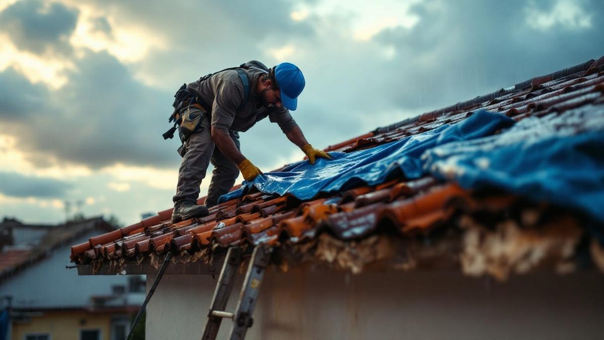 Trabalhador brasileiro colocando lona azul sobre telhas cerâmicas quebradas em telhado de casa residencial em Belo Horizonte após temporal, nuvens de chuva ao fundo, escada encostada na casa, condições de piso molhado