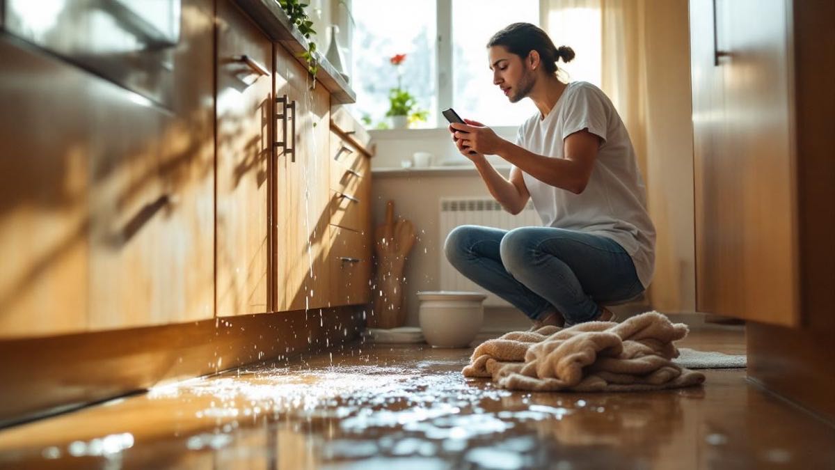 Moradora brasileira com expressão preocupada segurando celular na cozinha de apartamento em São Paulo, água escorrendo por baixo do gabinete da pia, poças no piso e toalhas absorvendo água