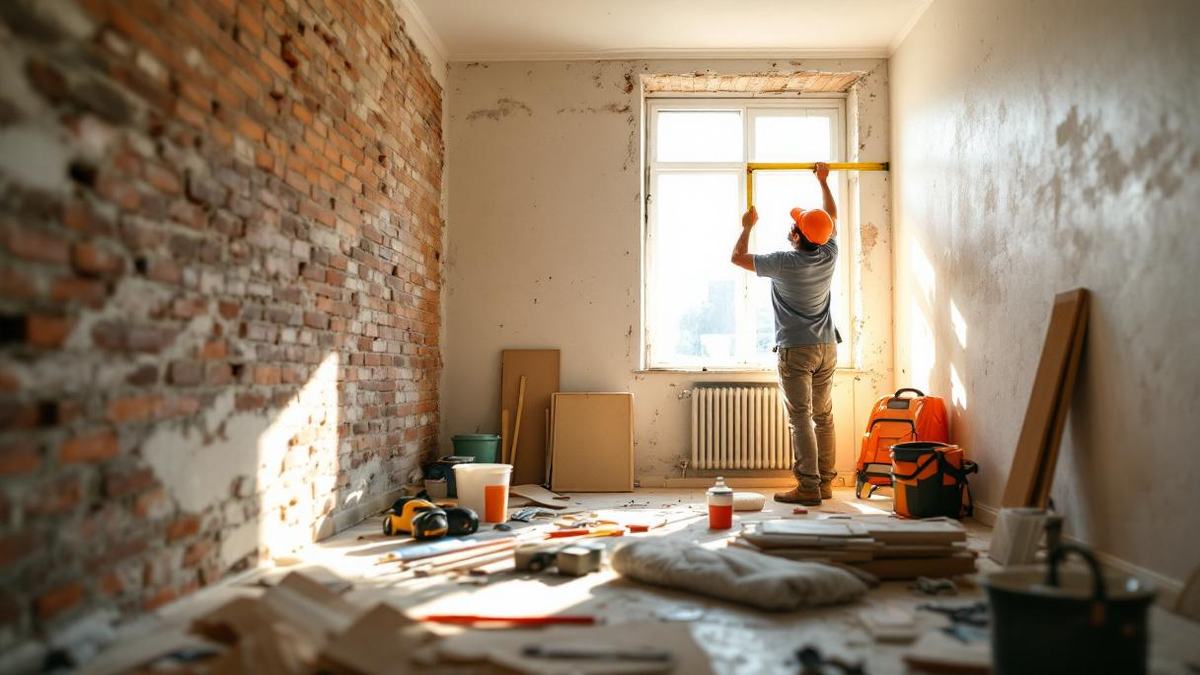 Reforma de apartamento em andamento em São Paulo, parede de alvenaria exposta de um lado e parede pintada do outro, materiais organizados no chão e operário medindo ao fundo